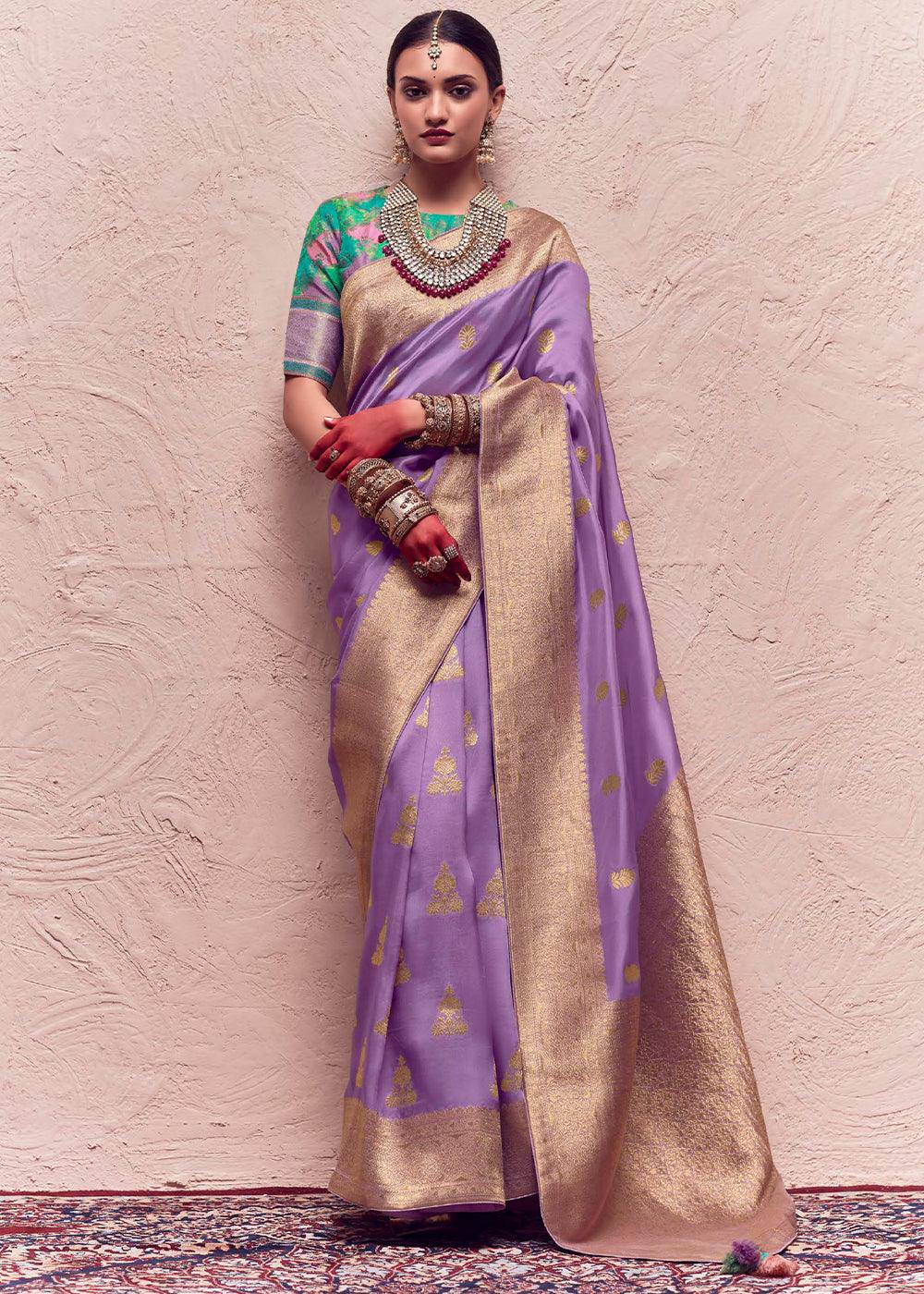 Lilac Purple Zari Woven Dola Silk Saree With Zari Woven Blouse | Stitched Blouse - qivii