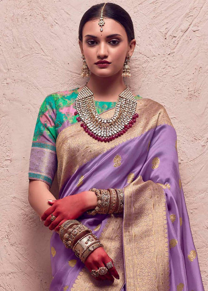 Lilac Purple Zari Woven Dola Silk Saree With Zari Woven Blouse | Stitched Blouse - qivii