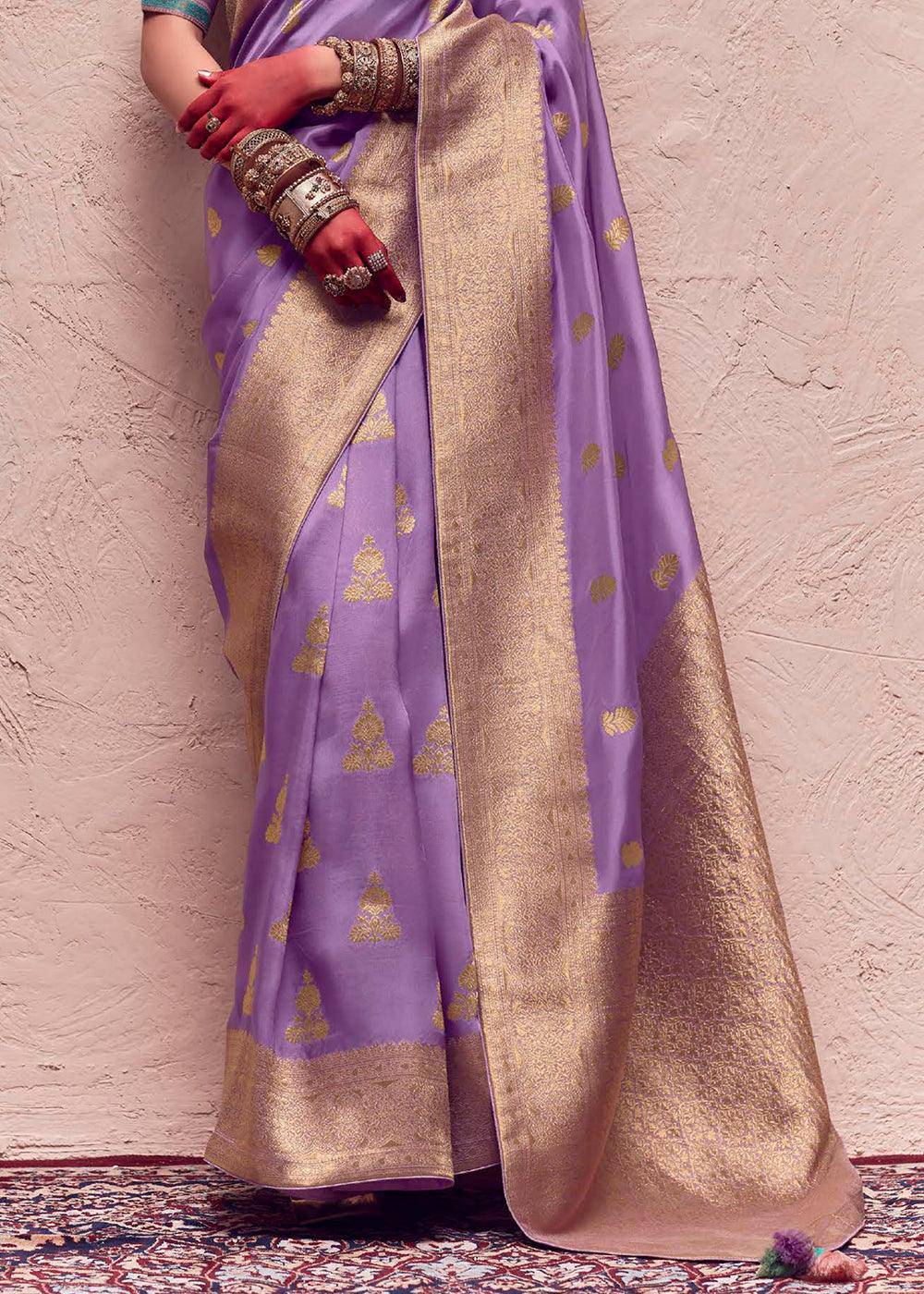 Lilac Purple Zari Woven Dola Silk Saree With Zari Woven Blouse | Stitched Blouse - qivii