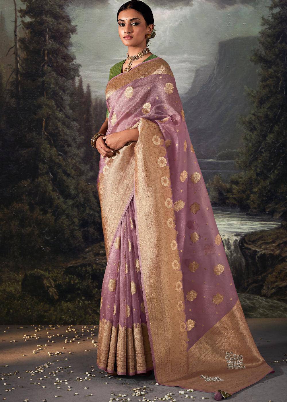 Lilac Purple Zari Woven Organza Silk Saree with Swarovski Work | Stitched Blouse - qivii