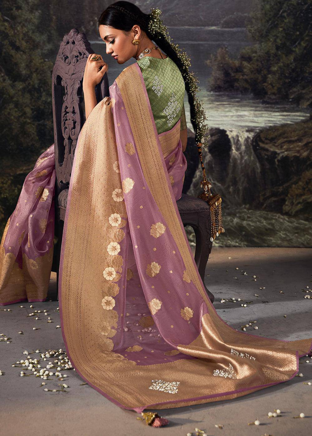 Lilac Purple Zari Woven Organza Silk Saree with Swarovski Work | Stitched Blouse - qivii