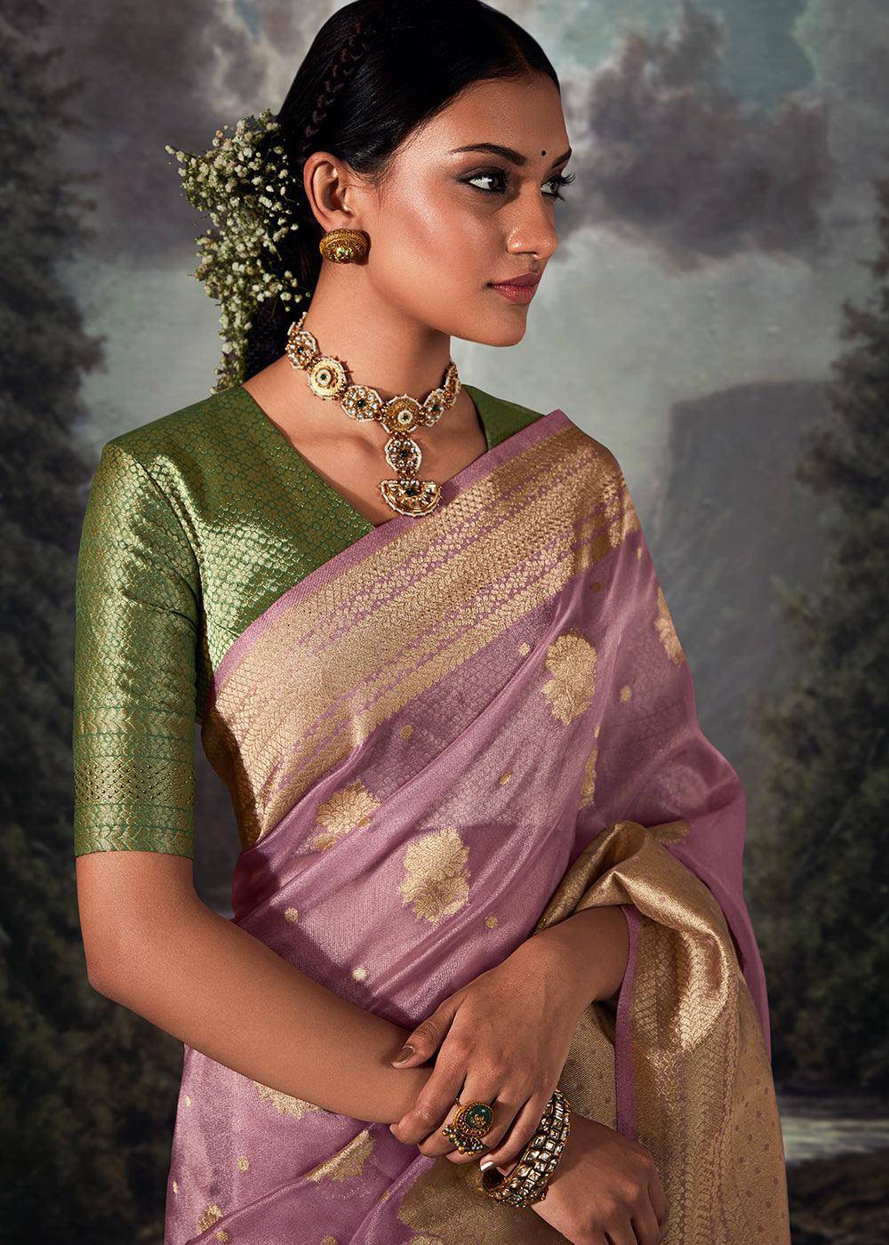 Lilac Purple Zari Woven Organza Silk Saree with Swarovski Work | Stitched Blouse - qivii