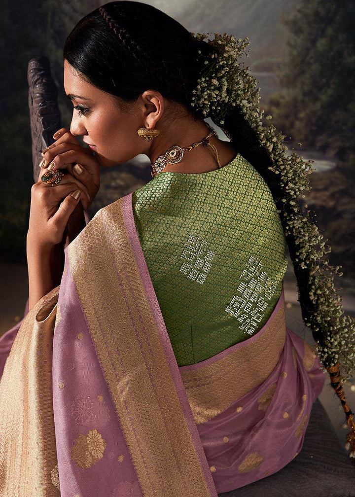 Lilac Purple Zari Woven Organza Silk Saree with Swarovski Work | Stitched Blouse - qivii