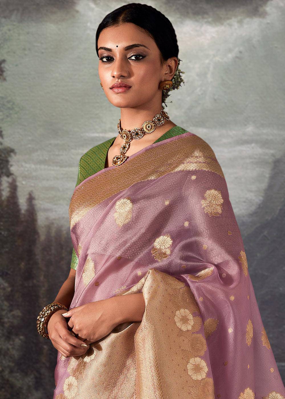 Lilac Purple Zari Woven Organza Silk Saree with Swarovski Work | Stitched Blouse - qivii