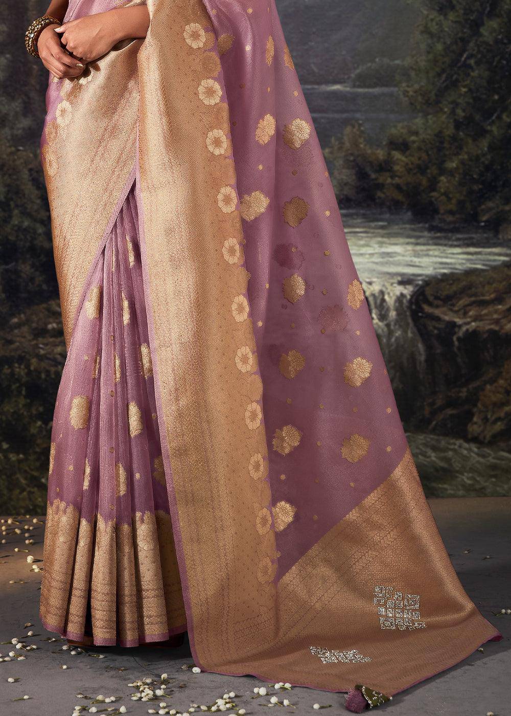 Lilac Purple Zari Woven Organza Silk Saree with Swarovski Work | Stitched Blouse - qivii