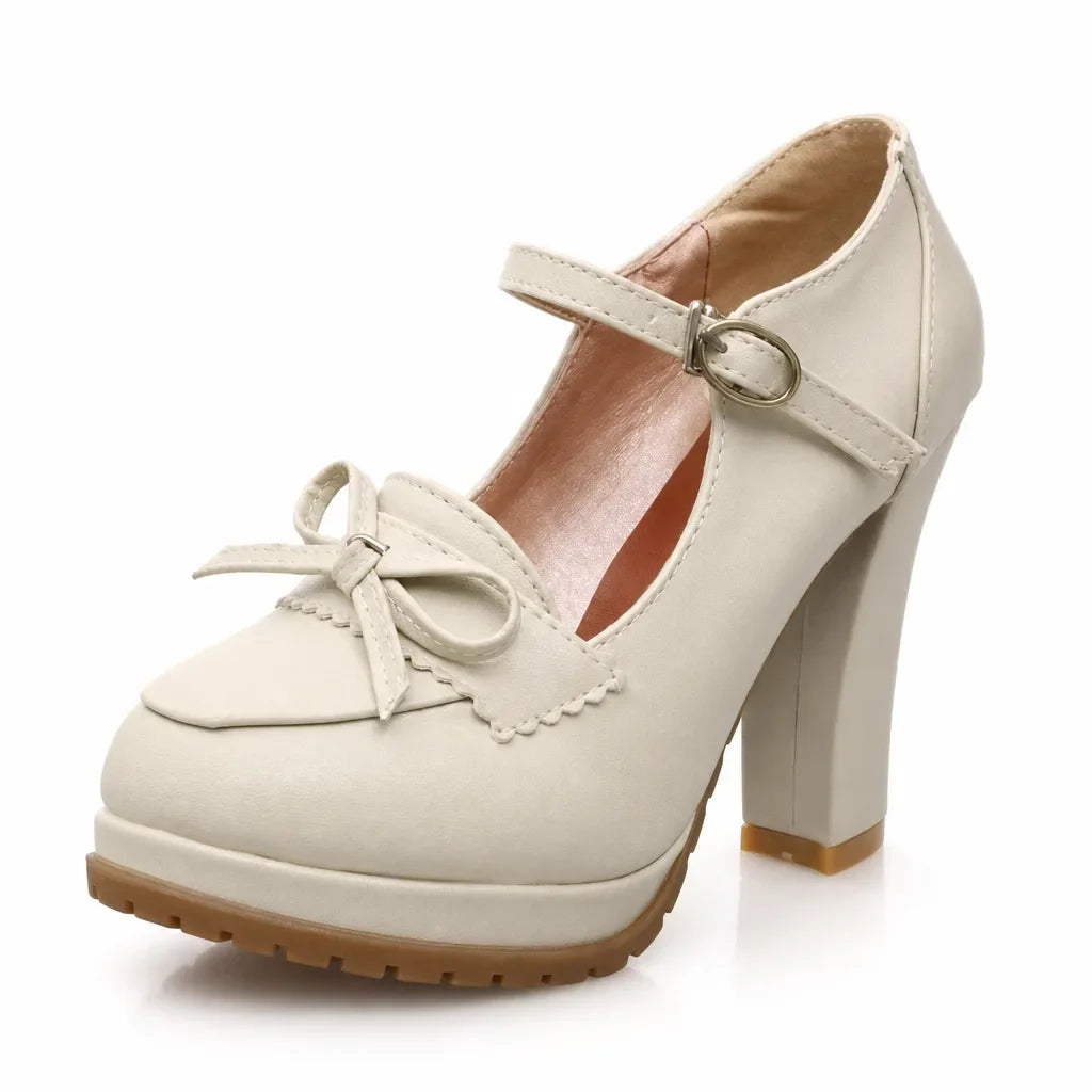 Beige Lilly women's orthopedic Mary Jane heels by Hudson Ridge, featuring supportive design and classic style for comfortable wear.