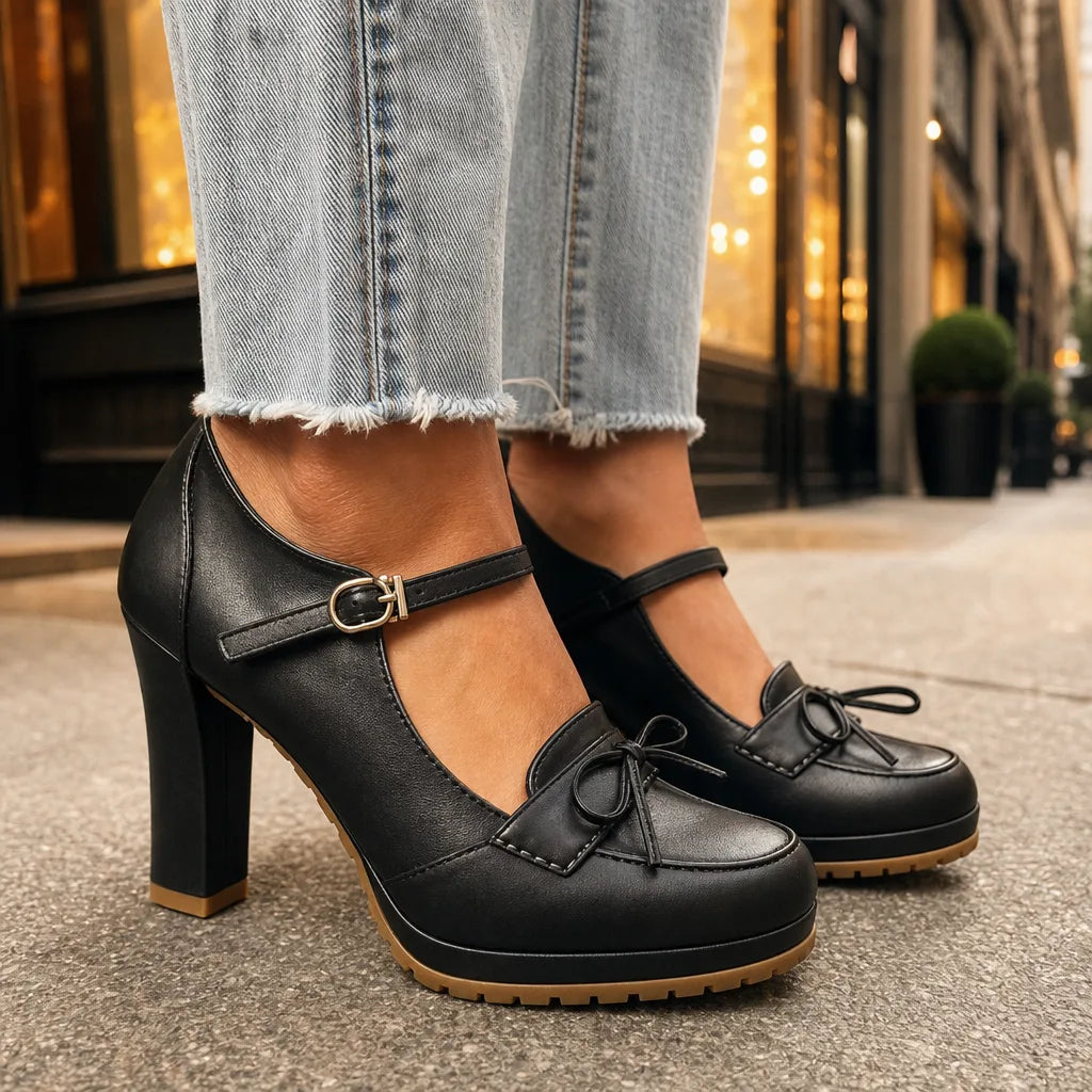 Black Lilly women's orthopedic Mary Jane heels by Hudson Ridge, featuring comfort-focused design and classic style.
