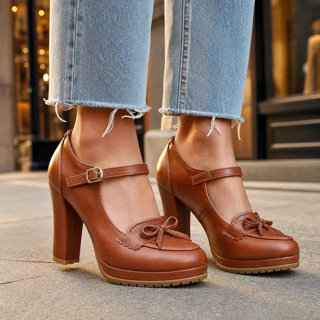Brown Lilly women's orthopedic Mary Jane heels by Hudson Ridge, showcasing comfortable stylish footwear for women.