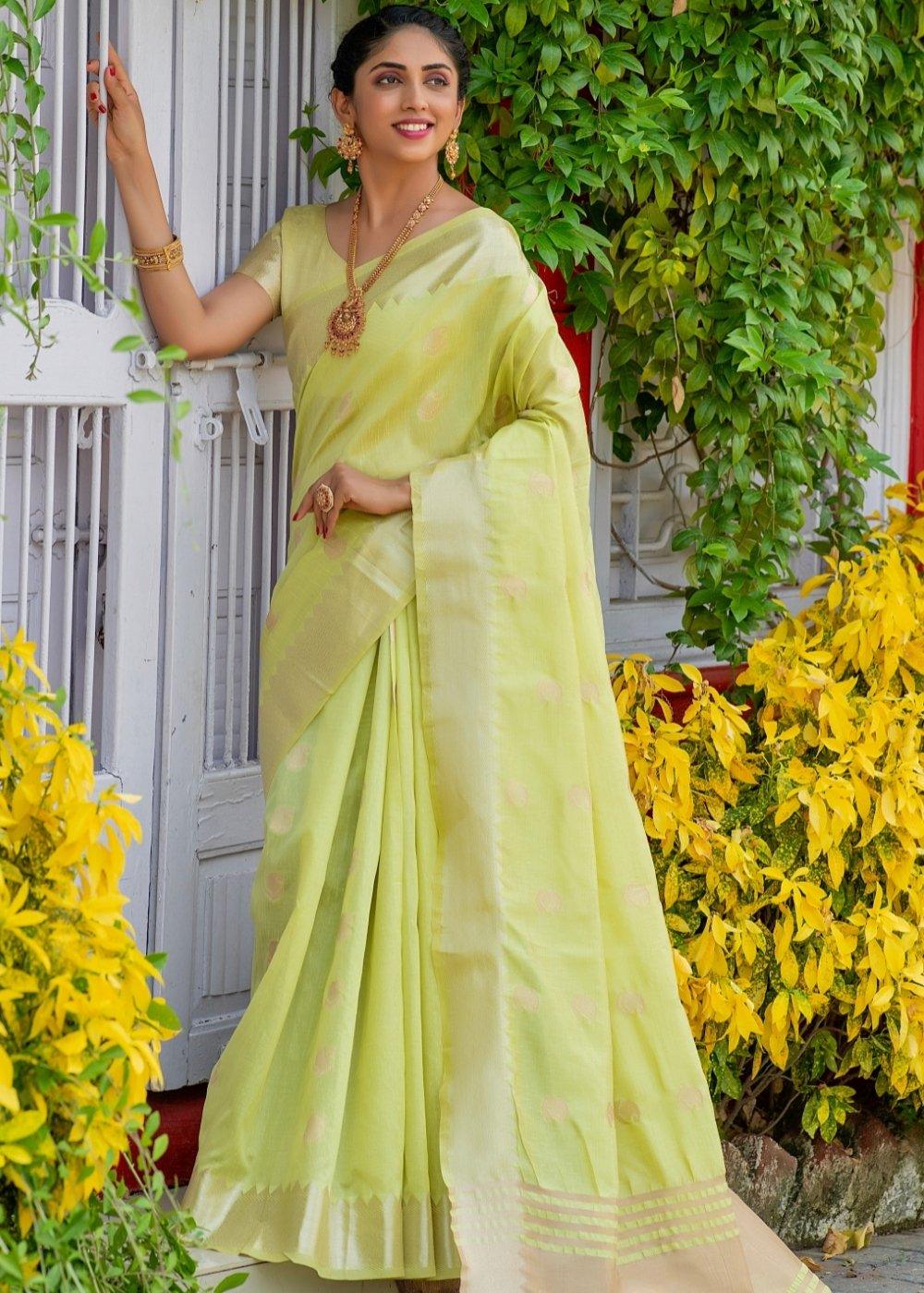 Lime Green Assam Silk Saree with Zari Weaving Butti overall | Stitched Blouse - qivii