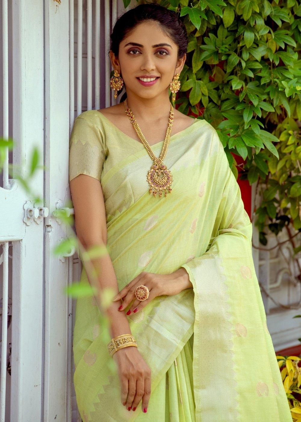 Lime Green Assam Silk Saree with Zari Weaving Butti overall | Stitched Blouse - qivii