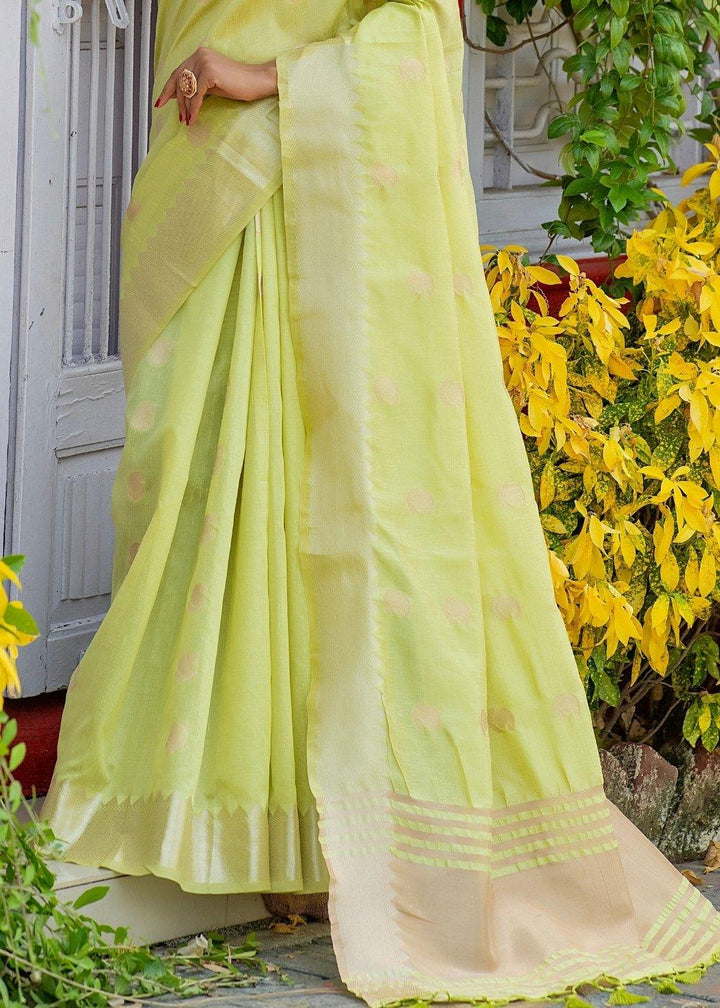 Lime Green Assam Silk Saree with Zari Weaving Butti overall | Stitched Blouse - qivii