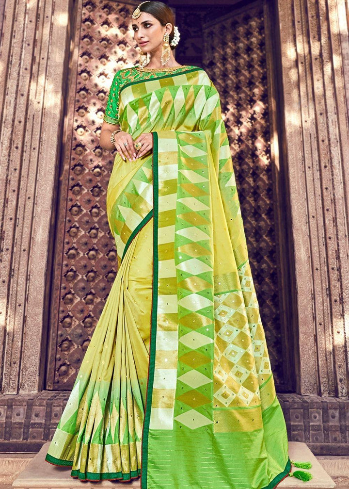 Lime Green Banarasi Silk Saree with Embroidered Silk Blouse | Stitched Blouse - qivii