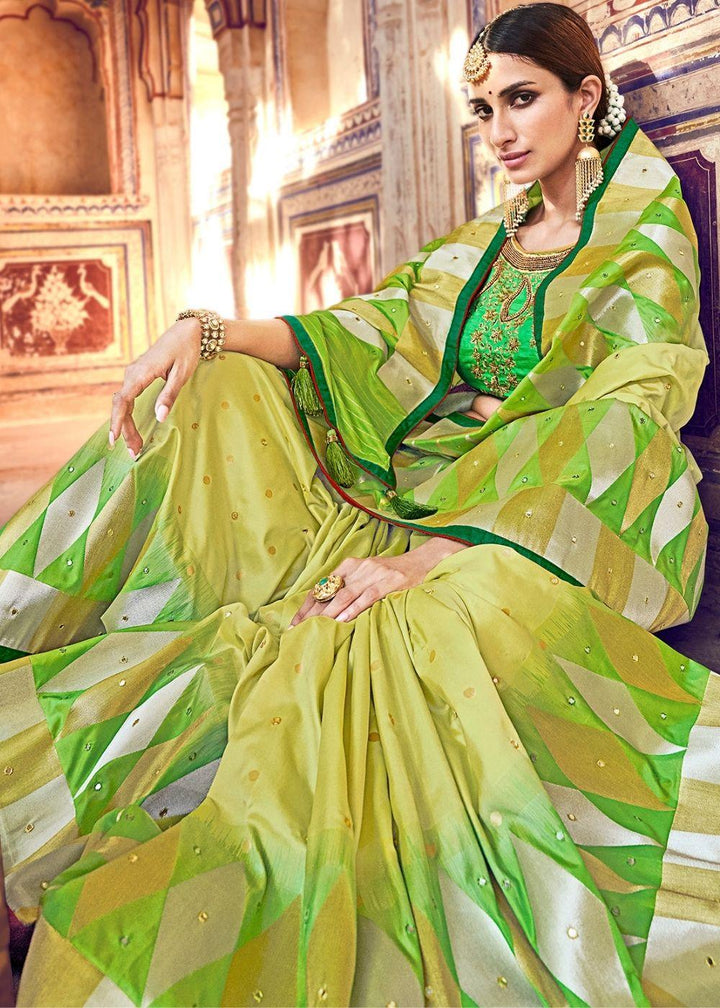 Lime Green Banarasi Silk Saree with Embroidered Silk Blouse | Stitched Blouse - qivii