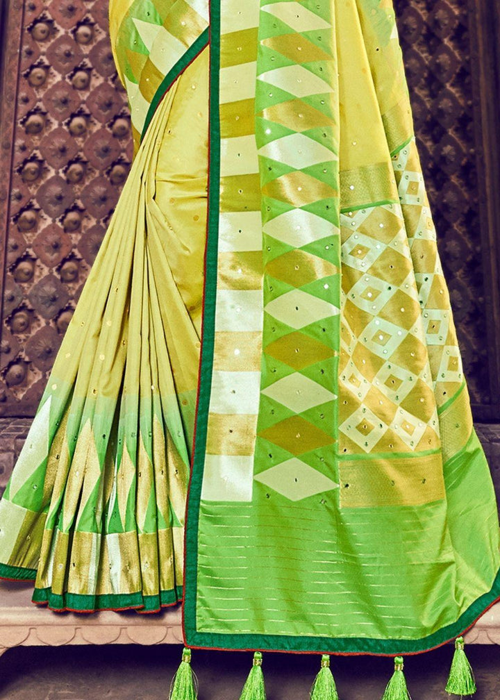 Lime Green Banarasi Silk Saree with Embroidered Silk Blouse | Stitched Blouse - qivii