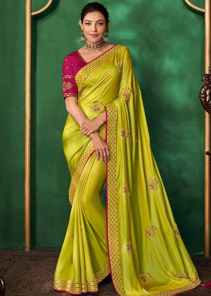 Lime Green Designer Silk Saree with Contrast Embroidered Blouse | Stitched Blouse - qivii