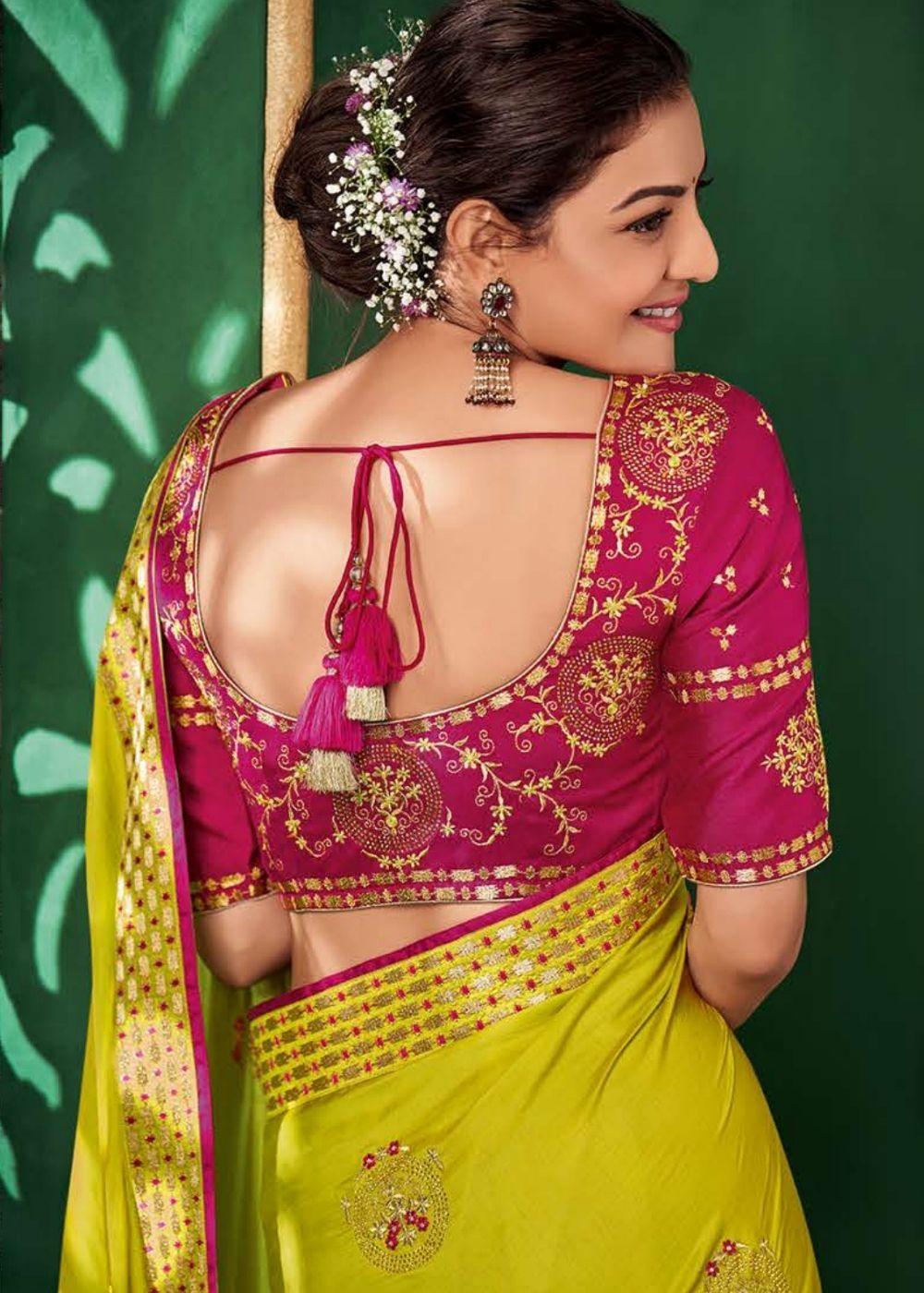 Lime Green Designer Silk Saree with Contrast Embroidered Blouse | Stitched Blouse - qivii