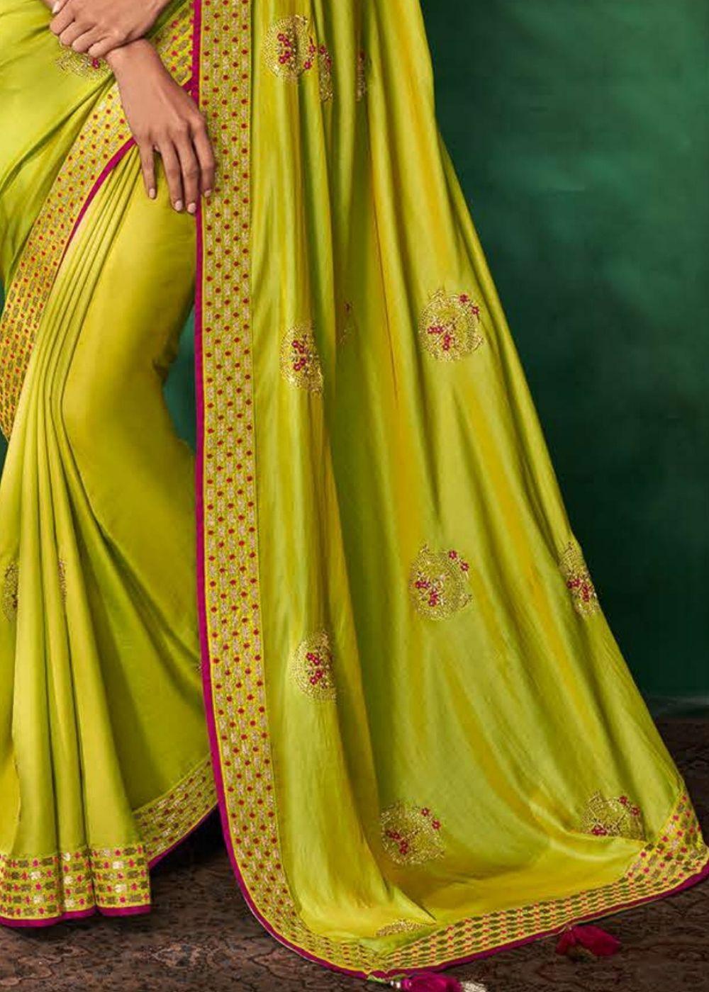 Lime Green Designer Silk Saree with Contrast Embroidered Blouse | Stitched Blouse - qivii