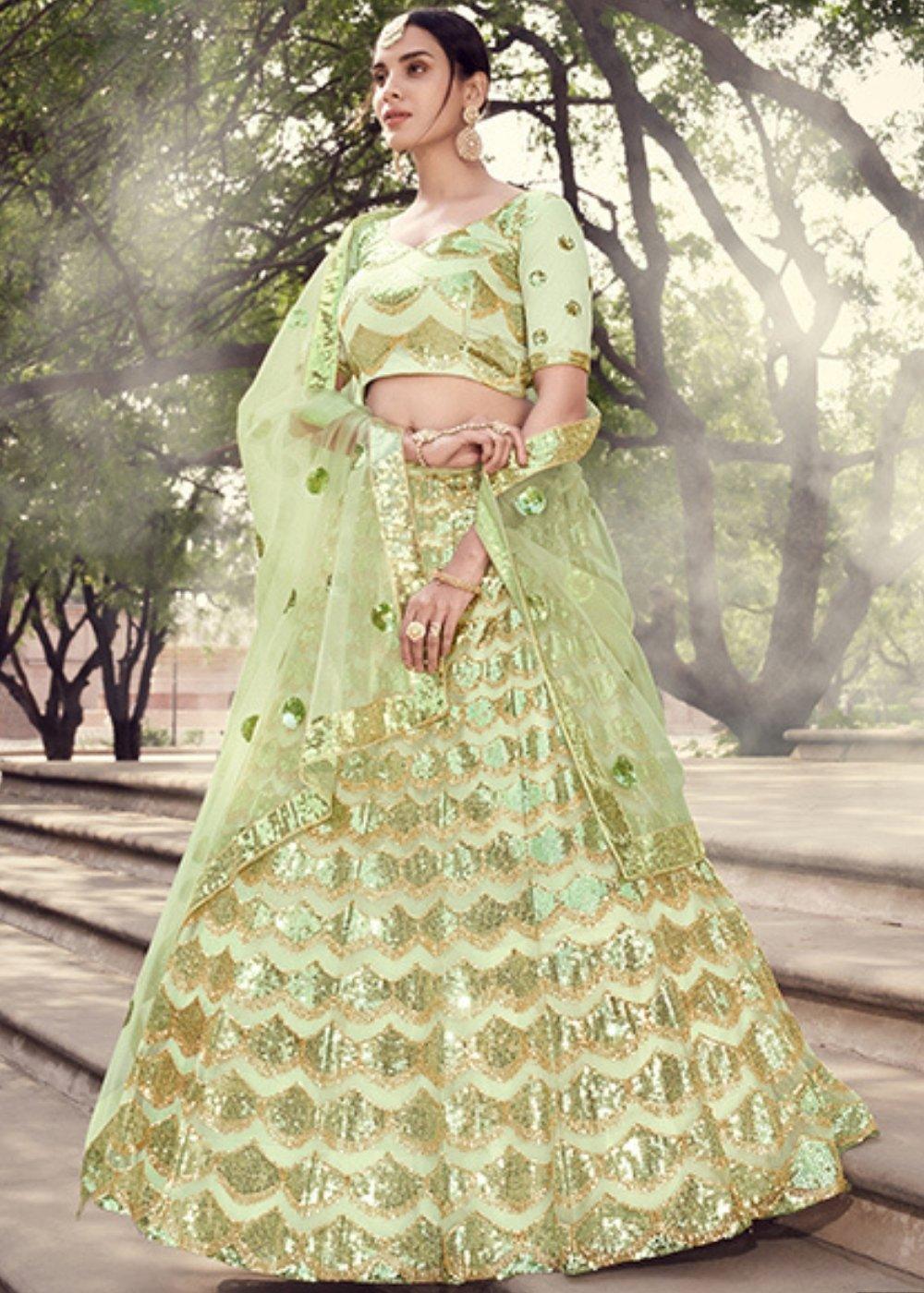 Lime Green Designer Soft Net Lehenga Choli with Sequins work - qivii