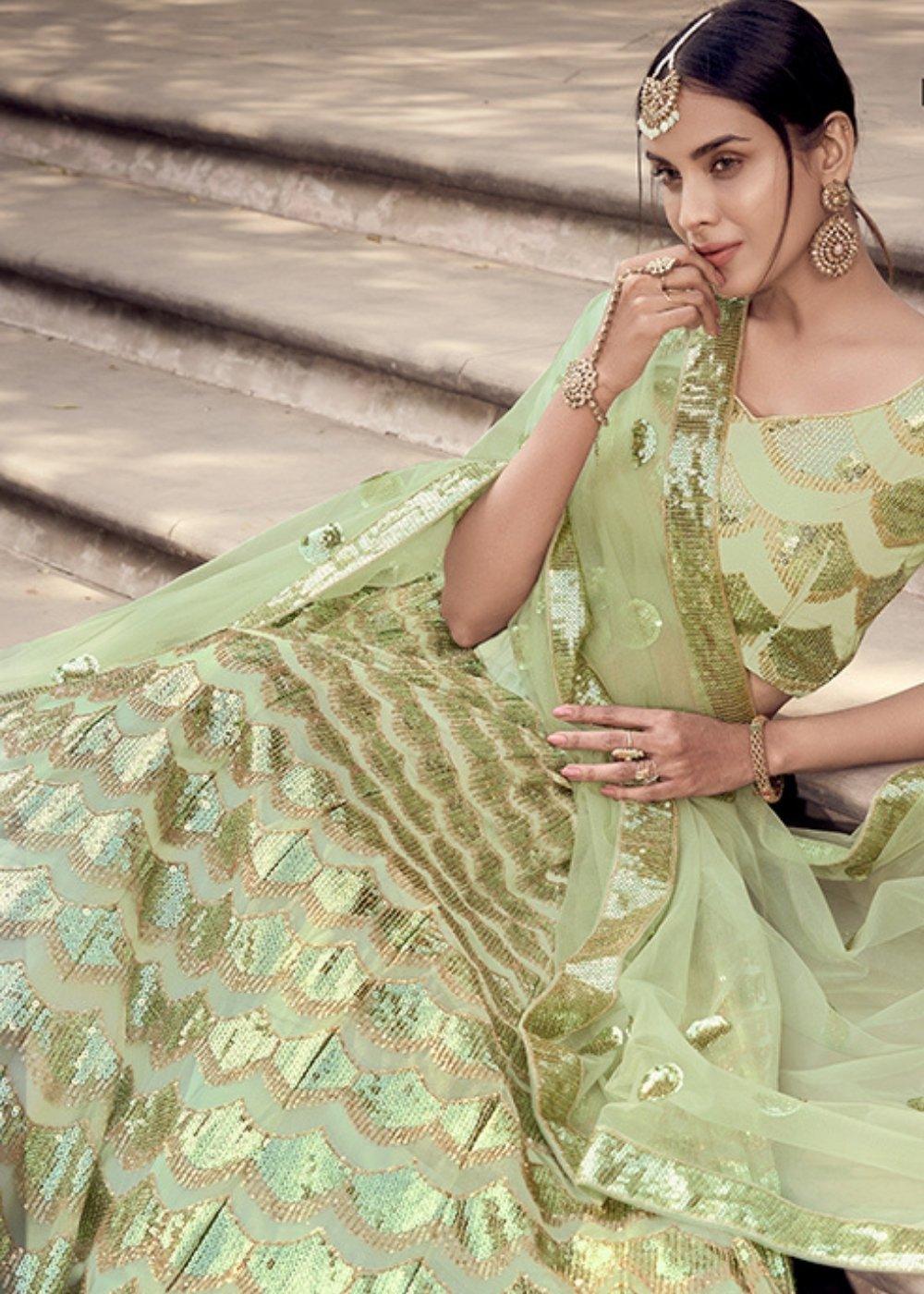 Lime Green Designer Soft Net Lehenga Choli with Sequins work - qivii