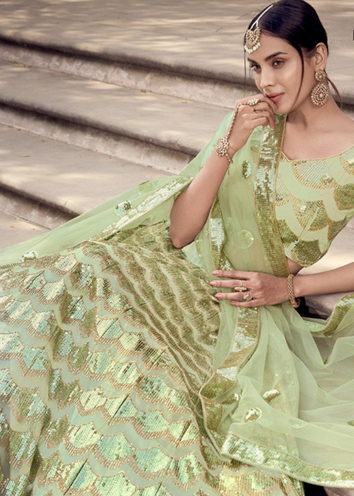 Lime Green Designer Soft Net Lehenga Choli with Sequins work - qivii