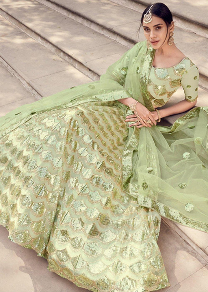 Lime Green Designer Soft Net Lehenga Choli with Sequins work - qivii