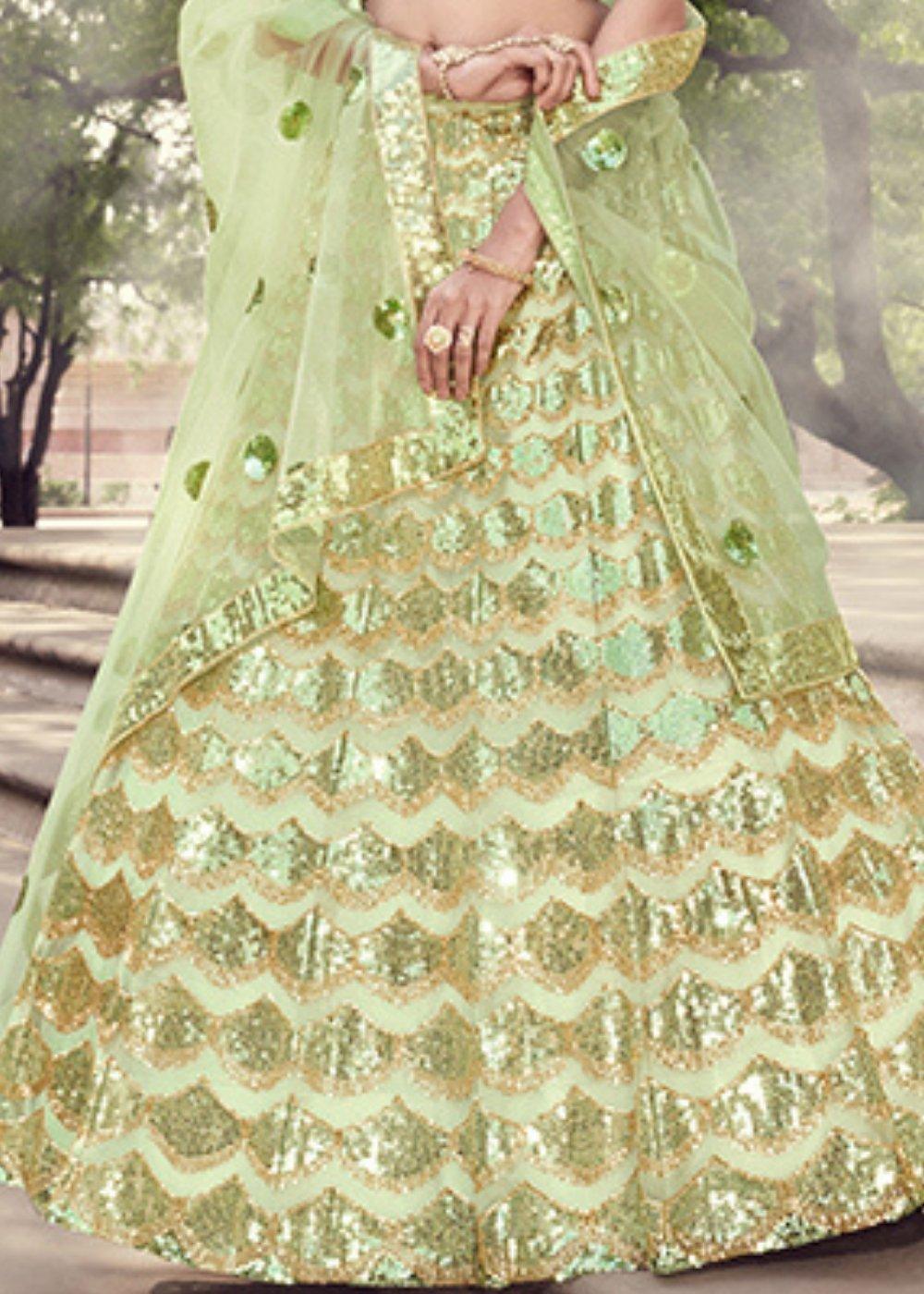 Lime Green Designer Soft Net Lehenga Choli with Sequins work - qivii