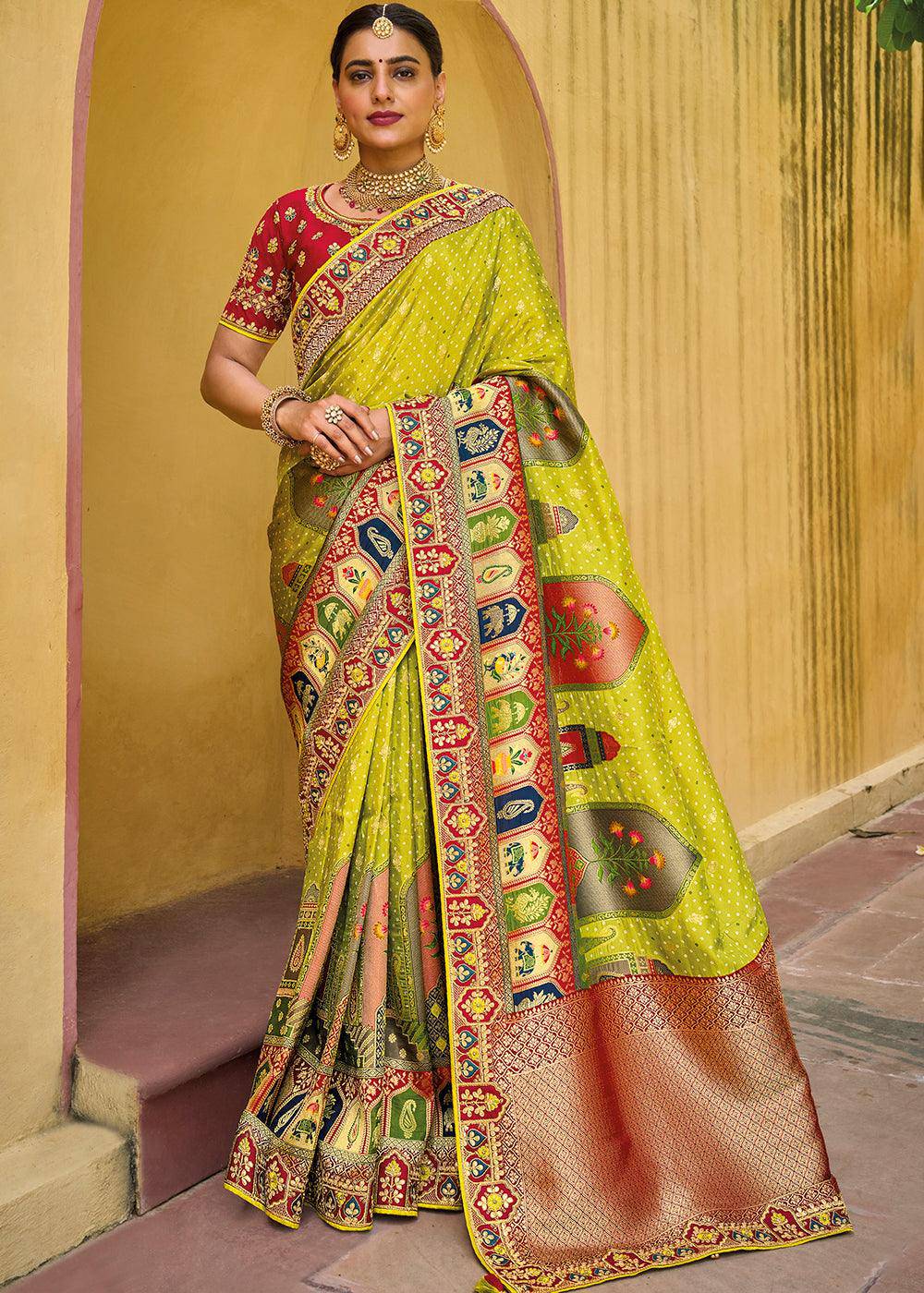 Lime Green Dola Silk Saree with Beautiful Embroidery work: Wedding Edition | Stitched Blouse - qivii