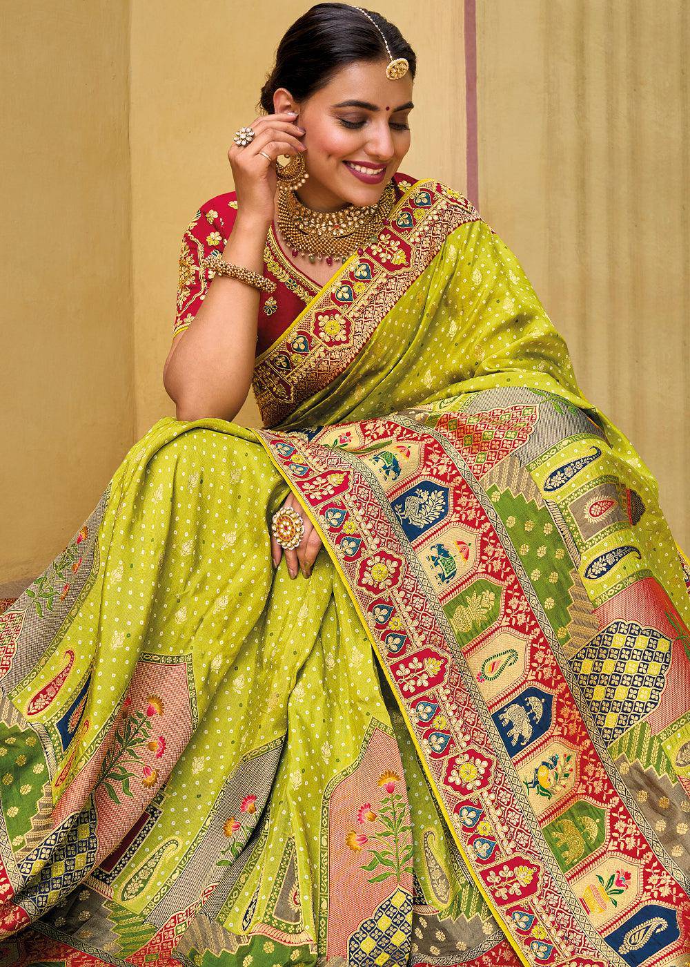 Lime Green Dola Silk Saree with Beautiful Embroidery work: Wedding Edition | Stitched Blouse - qivii