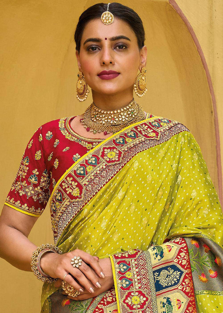 Lime Green Dola Silk Saree with Beautiful Embroidery work: Wedding Edition | Stitched Blouse - qivii