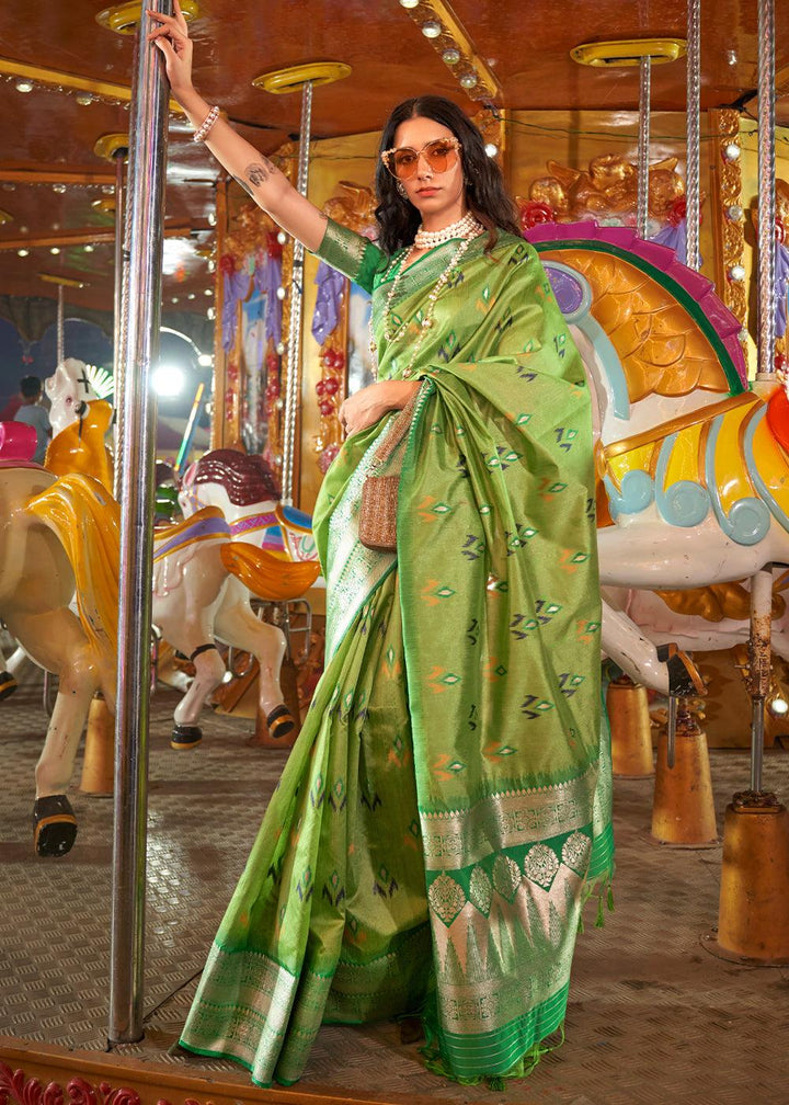 Lime Green Handloom Woven Banarasi Sik Saree - qivii