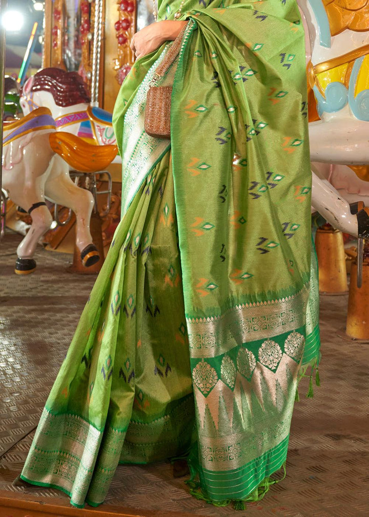 Lime Green Handloom Woven Banarasi Sik Saree - qivii