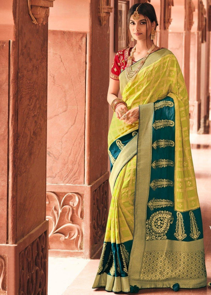 Lime Green Woven Banarasi Silk Saree with Embroidered Blouse | Stitched Blouse - qivii