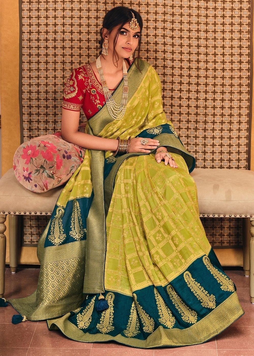 Lime Green Woven Banarasi Silk Saree with Embroidered Blouse | Stitched Blouse - qivii