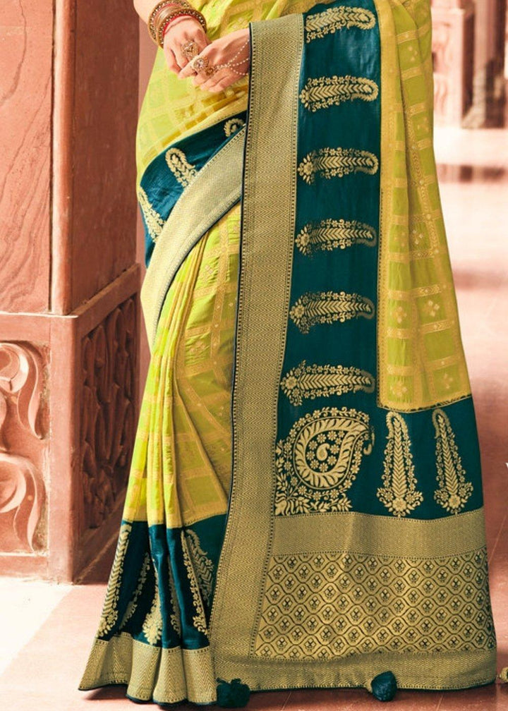 Lime Green Woven Banarasi Silk Saree with Embroidered Blouse | Stitched Blouse - qivii