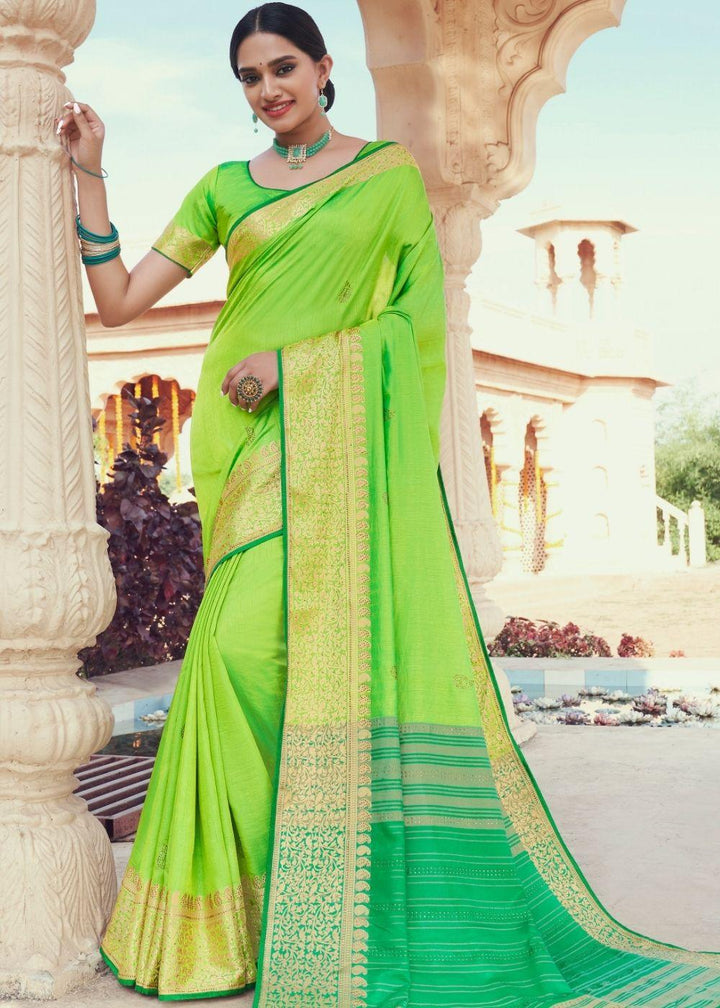 Lime Green Zari Woven Soft Silk Saree | Stitched Blouse - qivii