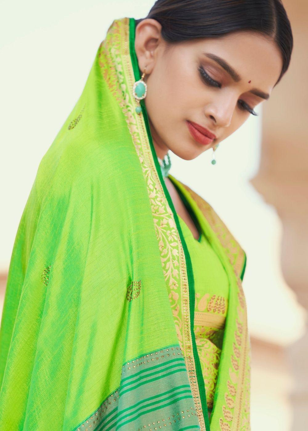 Lime Green Zari Woven Soft Silk Saree | Stitched Blouse - qivii