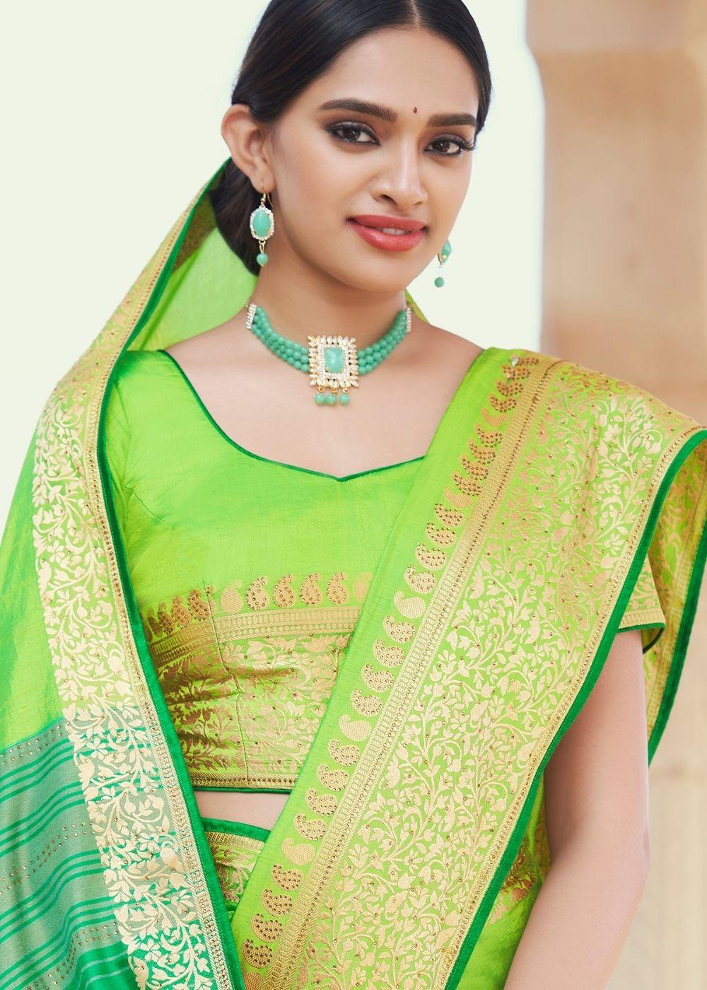 Lime Green Zari Woven Soft Silk Saree | Stitched Blouse - qivii