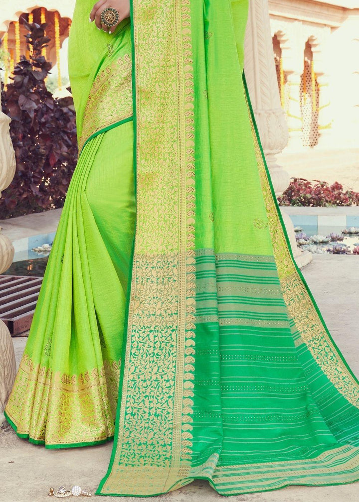 Lime Green Zari Woven Soft Silk Saree | Stitched Blouse - qivii