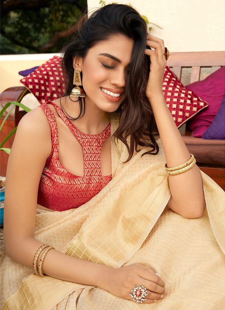 Linen Base Cream Color Double Blouse Saree With Silk Weave  - By Kreeva