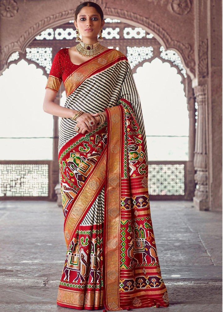 Linen White & Red Patola Silk Saree with Zari Border Pallu & Stone work(Pre-Order) : Top Pick | Stitched Blouse - qivii