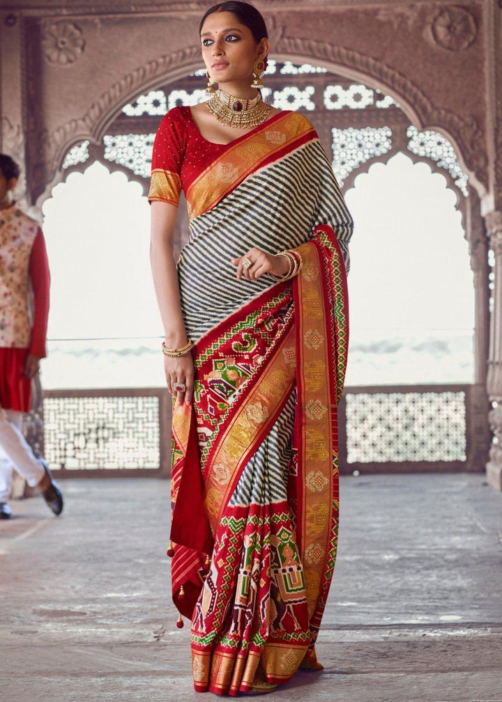 Linen White & Red Patola Silk Saree with Zari Border Pallu & Stone work(Pre-Order) : Top Pick | Stitched Blouse - qivii