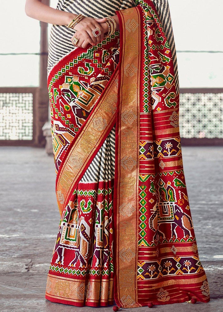 Linen White & Red Patola Silk Saree with Zari Border Pallu & Stone work(Pre-Order) : Top Pick | Stitched Blouse - qivii