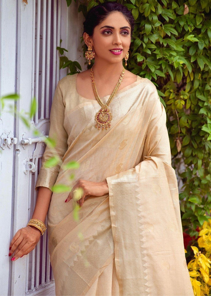 Linen White Assam Silk Saree with Zari Weaving Butti overall | Stitched Blouse - qivii