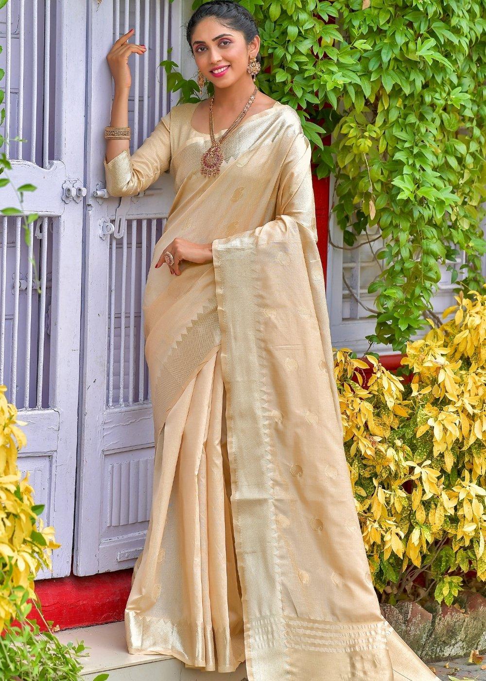 Linen White Assam Silk Saree with Zari Weaving Butti overall | Stitched Blouse - qivii