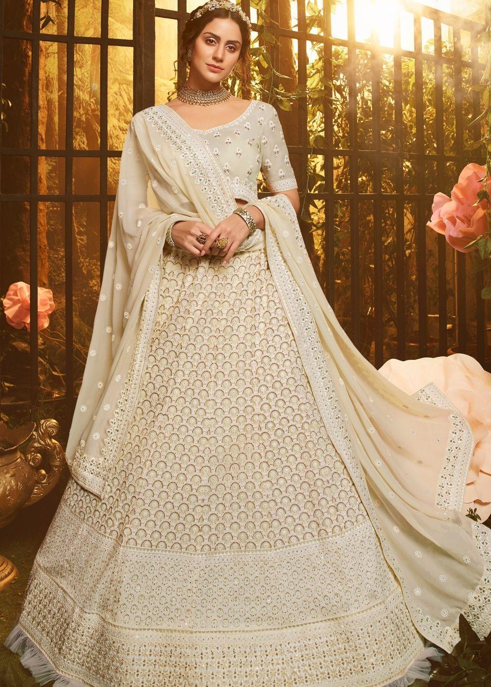 Linen White Georgette Lehenga Choli with Thread, Zari, and Moti work - qivii