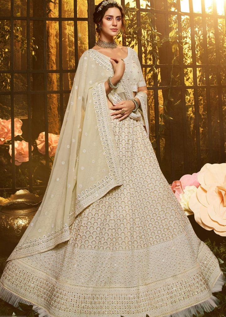 Linen White Georgette Lehenga Choli with Thread, Zari, and Moti work - qivii