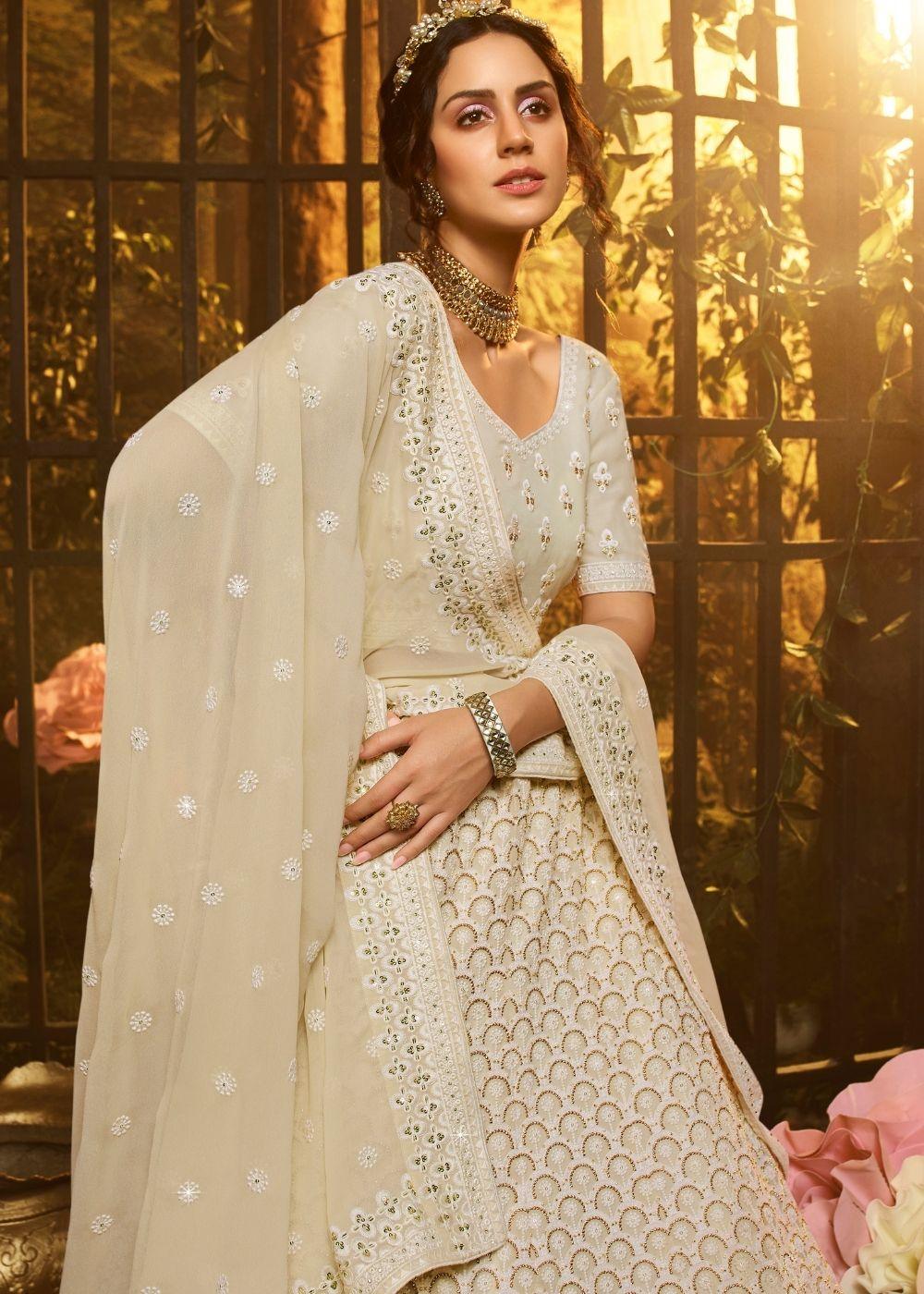 Linen White Georgette Lehenga Choli with Thread, Zari, and Moti work - qivii