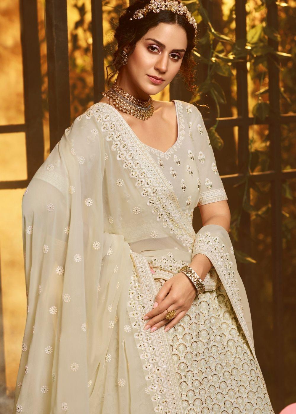 Linen White Georgette Lehenga Choli with Thread, Zari, and Moti work - qivii