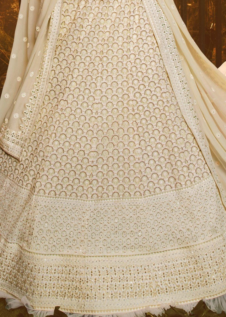 Linen White Georgette Lehenga Choli with Thread, Zari, and Moti work - qivii