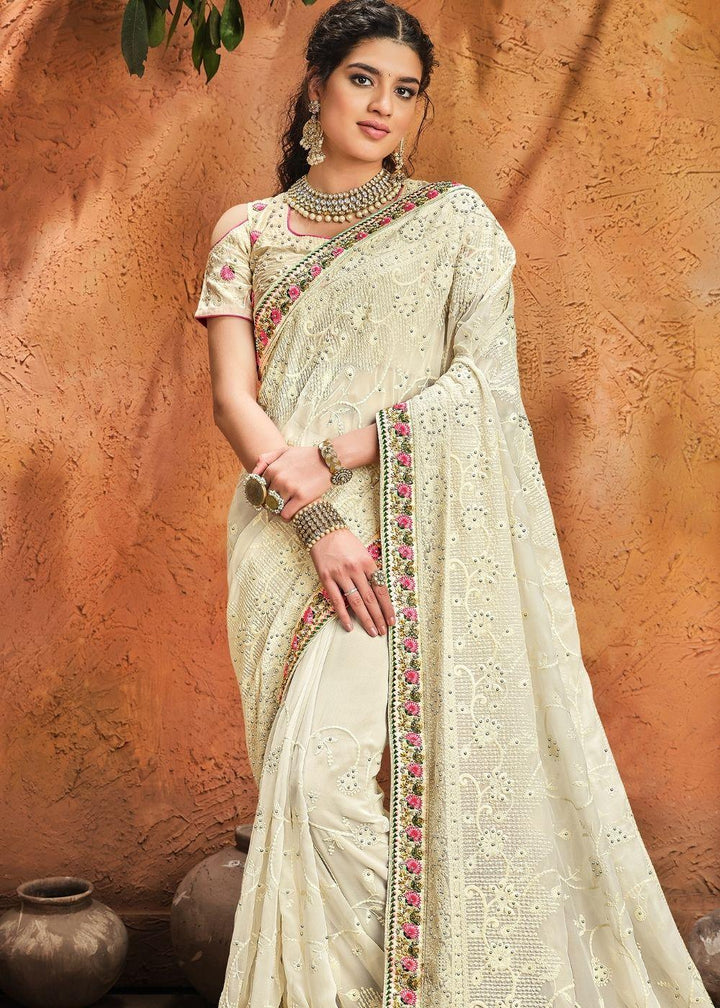 Linen White Pure Georgette Saree with Moti, Cut-Dana & Lucknowi work | Stitched Blouse - qivii